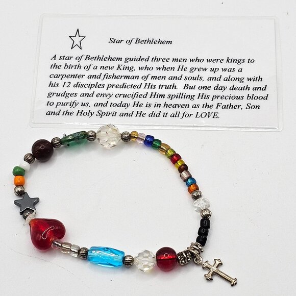 Star of Bethlehem Womens Multicolor Beaded Silver Tone Cross Religious Bracelet - Picture 1 of 13